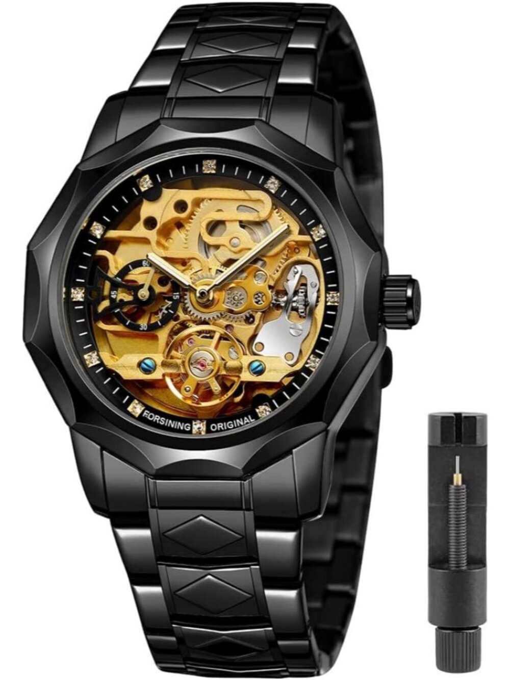 Men's Gold Black Mechanical Automatic Male Clock Stainless Steel Skeleton Watch